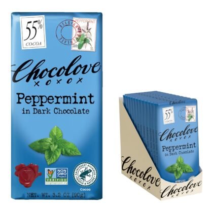 Chocolove Peppermint Dark Chocolate Bars | 55% Cocoa | Crafted in Semi-sweet Premium Chocolate | Non GMO, Rainforest Alliance Certified, 3.2oz Bar (12 Pack)