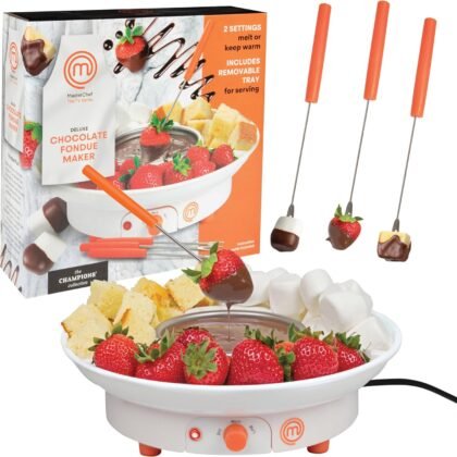 MasterChef Chocolate Fondue Maker- Electric Dessert Fondue Pot Set w 4 Forks & Removable Party Serving Tray- Melt or Warm Settings for Caramel Treats, Cheese- Charcuterie Appetizers, Date Night Gift
