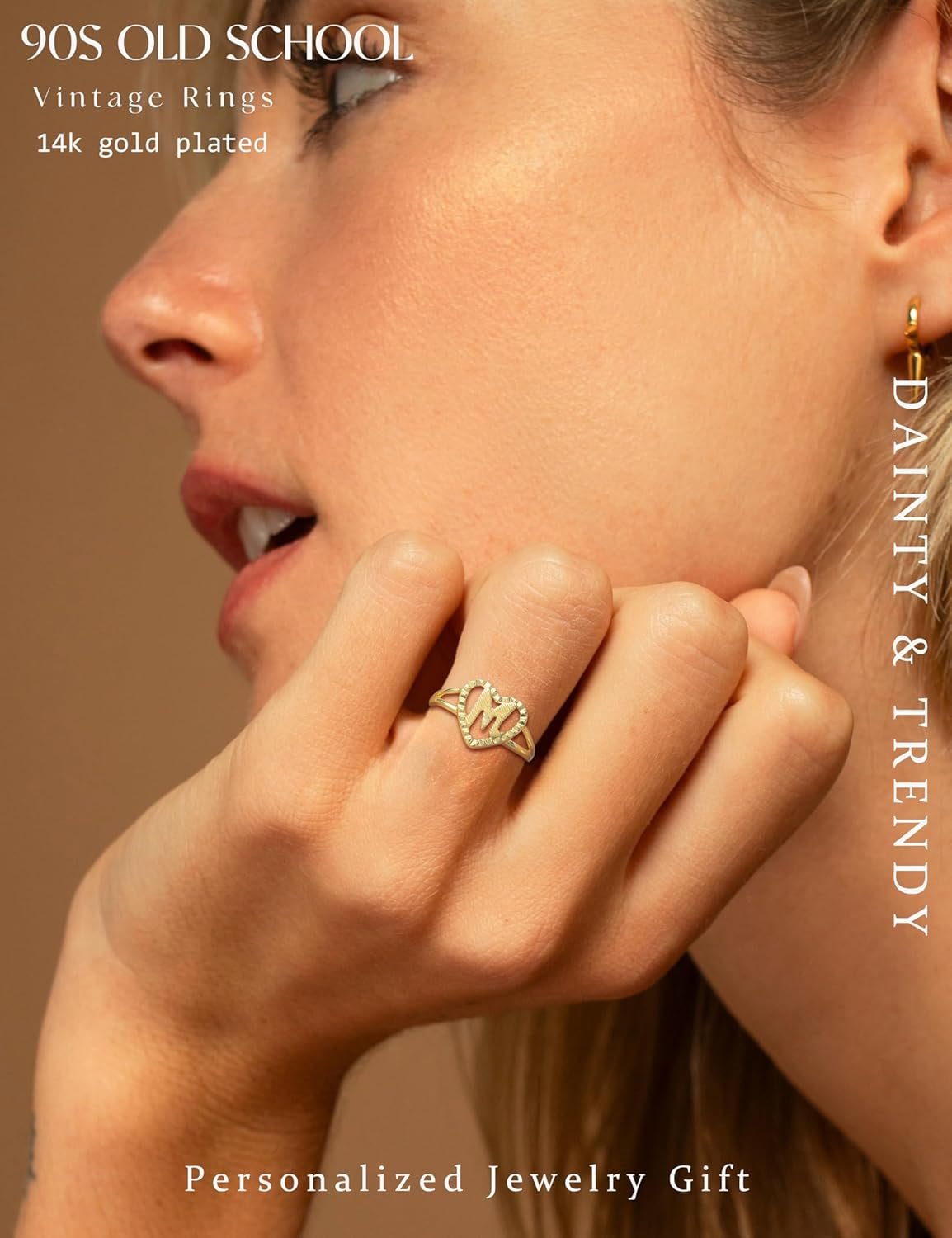 RLMOON Gold Initial Rings for Women Non Tarnish 14K Gold Plated Vintage Heart Thumb Rings Personalized Carved Letter Statement Stackable Rings Size 6-10 Jewelry Gifts - Image 4