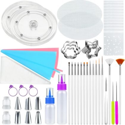 112 PCS Cookie Decorating Kit Supplies Including Acrylic Turntable Brushes Scribe Needle Bags Icing Bottle for Cookie Cupcake Cake Decoration