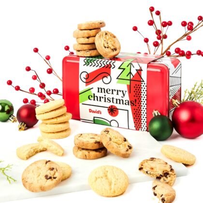 David’s Cookies Shortbread Cookies in Merry Christmas Gift Tin – Festive Holiday Cookie Sampler Gift Box for Christmas & Family Gatherings – Mini Scottish Butter and Chocolate Chip Shortbread