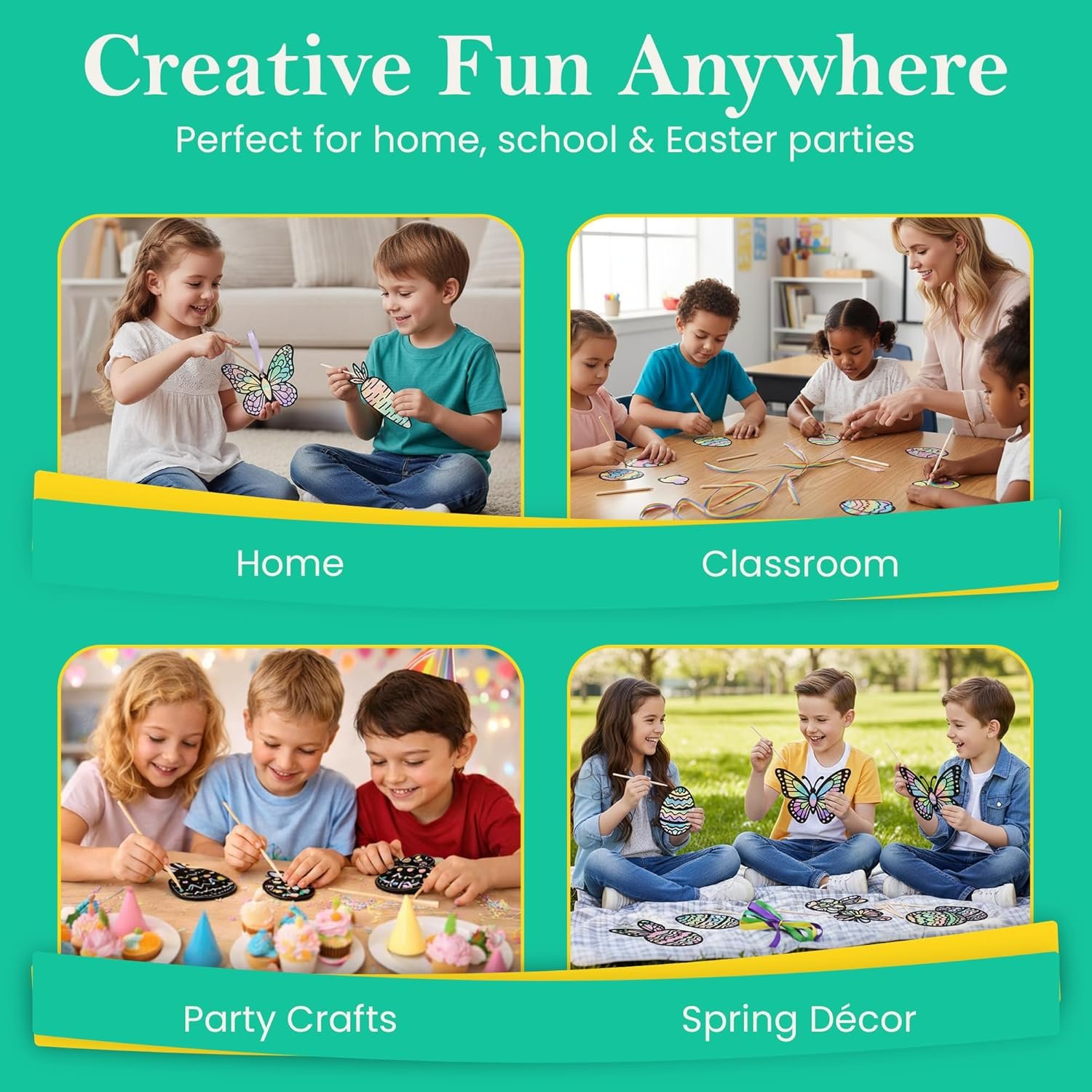 Iconikal 48-Count Easter Scratch Paper Ornaments, Art & Craft Bulk Pack with 24 Sticks Pastel Colored Underlayer - Image 2