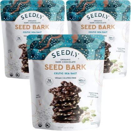 SEEDLY Organic 70% Dark Chocolate Snacking Bark with 20g Protein, 50% less sugar - Celtic Sea Salt - Keto, Vegan Snacks, Gluten-Free, Low Carb, Paleo, Non-GMO, Stevia-Free, No Weird Additives, 3.6oz (Pack of 3)