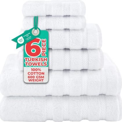 American Soft Linen Luxury 6 Piece Towel Set, 2 Bath Towels 2 Hand Towel 2 Washcloths, 600 GSM 100% Cotton Turkish Towels for Bathroom, White Towel Sets