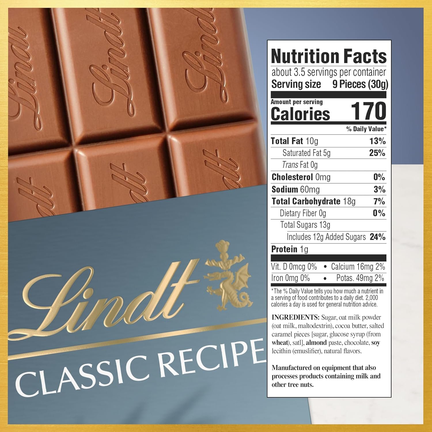 Lindt CLASSIC RECIPE Non-Dairy OatMilk Salted Caramel Chocolate Candy Bar, 10 Pack, 3.5 oz. - Image 2