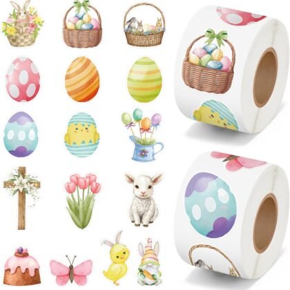 Easter Spring Watercolor Roll Stickers - 1000Pcs Colorful Egg Flower Chick Bunny Aesthetic Vinyl Stickers, Happy Easter Party Gift Waterproof Decals for Home Decor Laptop Guitar, in 16 Designs