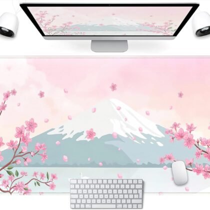 Japanese Desk Mat Pastel Pink Cherry Blossom Mouse Pad Mt Fuji Japan Large Gaming Anime Mousepad XXL 31.5x15.75 in, Kawaii Aesthetic Flower Cute Women Office Decor Computer Laptop Keyboard Mat
