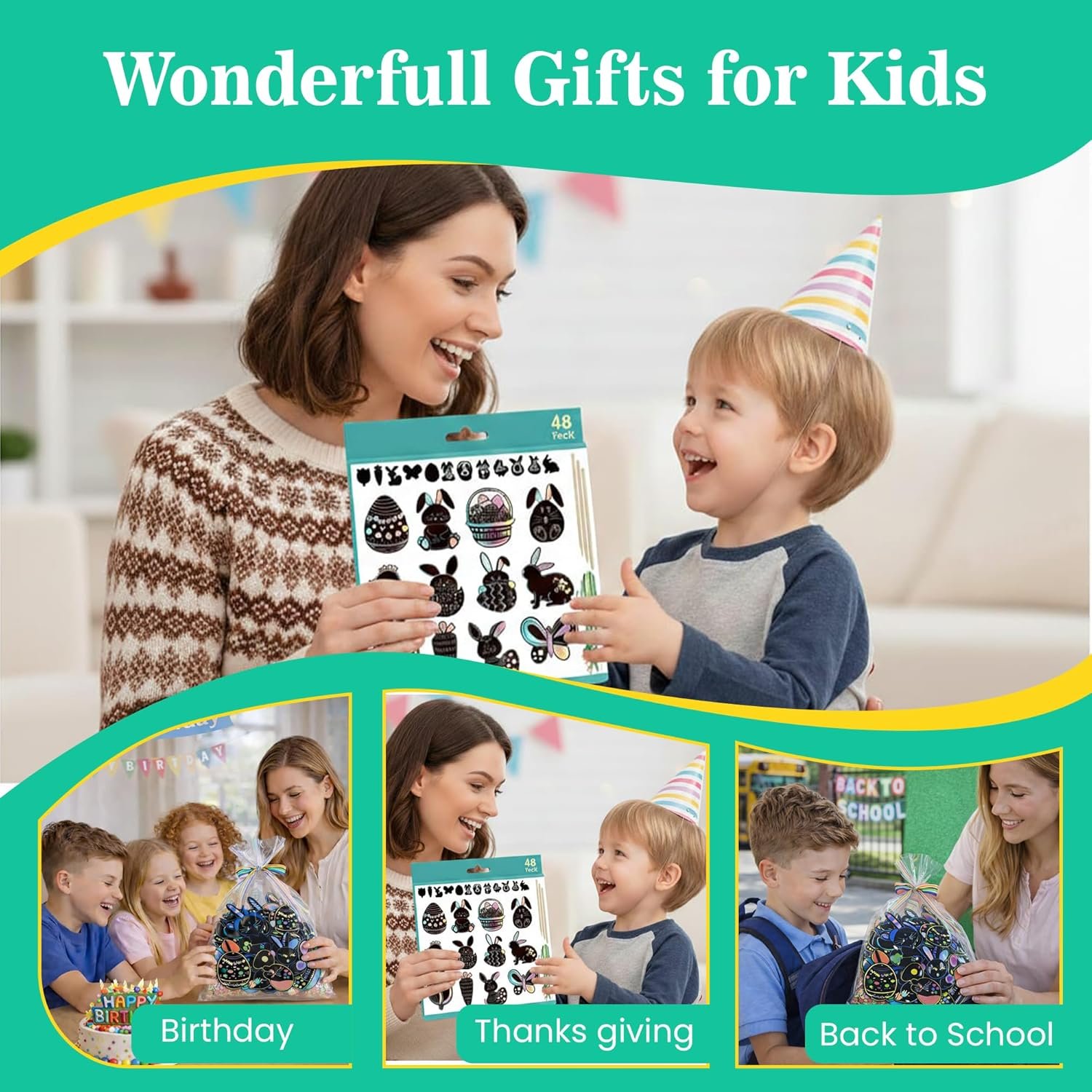 Iconikal 48-Count Easter Scratch Paper Ornaments, Art & Craft Bulk Pack with 24 Sticks Pastel Colored Underlayer - Image 6