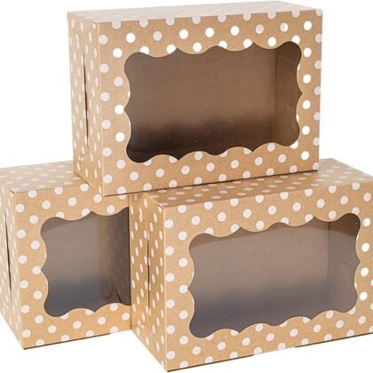Polka Dot Cookie Boxes - 12 Pack - Brown with White Polka Dots Bakery Gift Box with Window - for Pastries, Cupcakes, Strawberries, Macarons, & Treats - Large Size Easily Fits a Dozen Cookies - 12 pcs