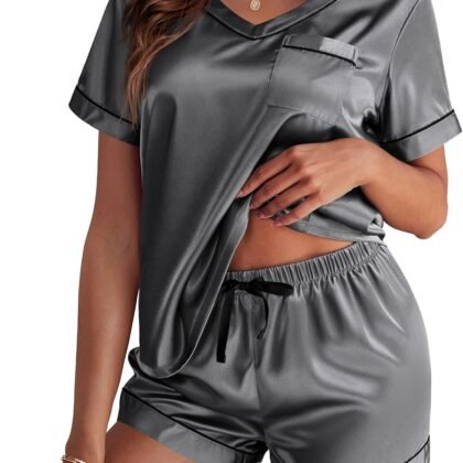 Ekouaer Silk Pajama for Women Short Sleeve Satin Pj Set Two Piece Soft Sleepwear Loungewear, S-XXL