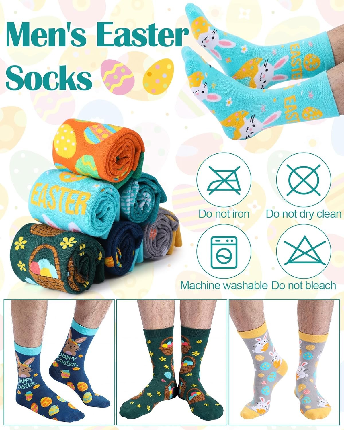 Eurzom 6 Pairs Funny Men's Easter Socks Bunny Eggs Pattern Crew Socks Spring Easter Basket Stuffers Gifts Size 7-12 - Image 4