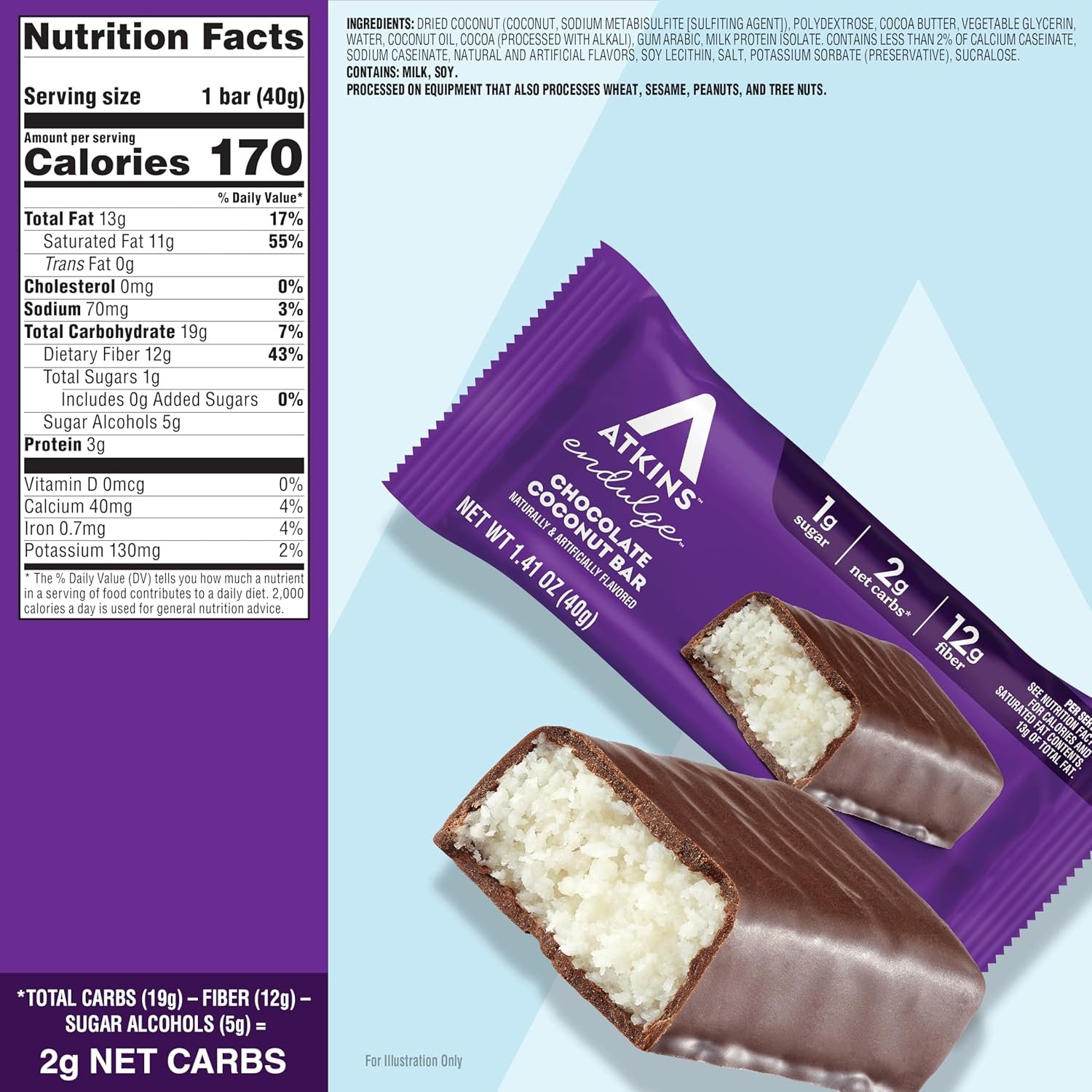 Atkins Endulge Chocolate Coconut Flavored Snack Bar, 1g Sugar, 12g Fiber, Low Sugar Snack, High Fiber Bars, Keto Friendly Treat, 16 Count - Image 6