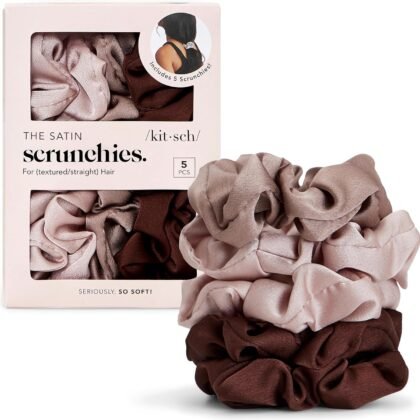 Kitsch Satin Scrunchies for Women - No Crease, Frizz Control | Softer Than Silk Scrunchies Gentle On Hair Scrunchies for All Hair Types | Stylish Hair Accessories College Essentials - Cameo, 5pcs