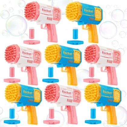 8-Pack Bubble Gun with Solution Refill, 40-Hole Automatic Rocket Shape Bubble Machine Blaster Blower Bulk for Wedding, Outdoors, Party Favors, Photo Prop, Reception Entertainment