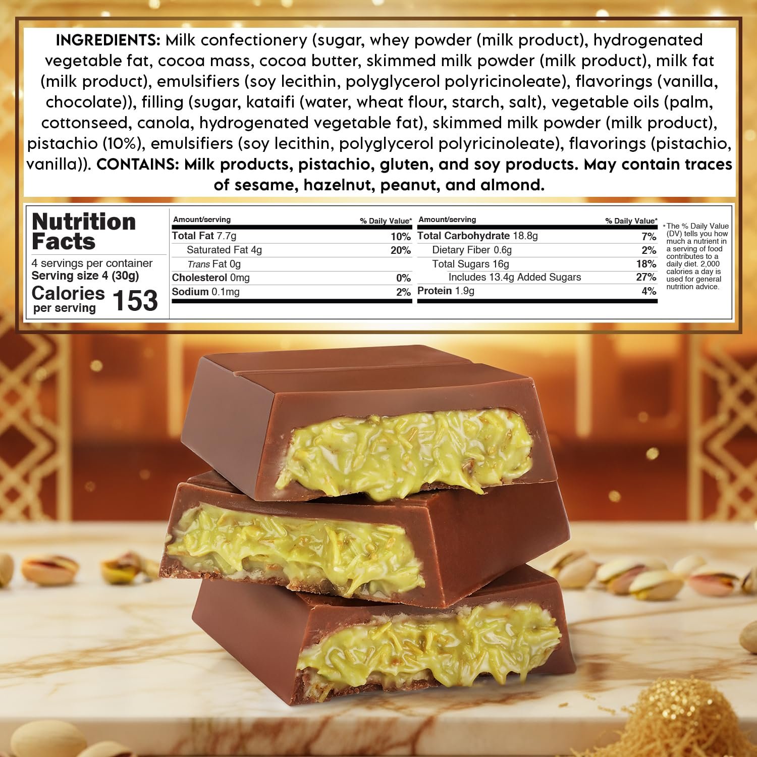 Patis Savore Dubai Chocolate Bar Pistachio - 3.5 oz Dessert with Pistachio Cream & Kataifi Filling | Gourmet Chocolate | Elegant Gift - Image 2