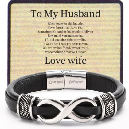 HSM Stylish Mens Bracelet with Engraved 'Love You Forever' – Premium Leather Bracelet for Men – Durable & Comfortable Wristband for Husband, Boyfriend