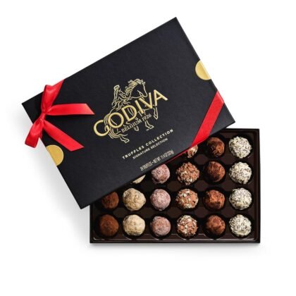Godiva Red Ribbon Signature Truffle Gift Box, Belgian Dark and Milk Chocolates with Ganache Centers, Gourmet Valentine's Day Gift, Kosher, 24 Pc