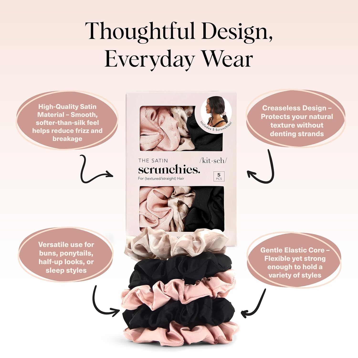 Kitsch Satin Scrunchies for Women - Softer Than Silk Scrunchies | Hair Ties No Damage for Frizz-Free Sleep | Ideal Gifts for Women, Assorted, 5pcs - Image 3