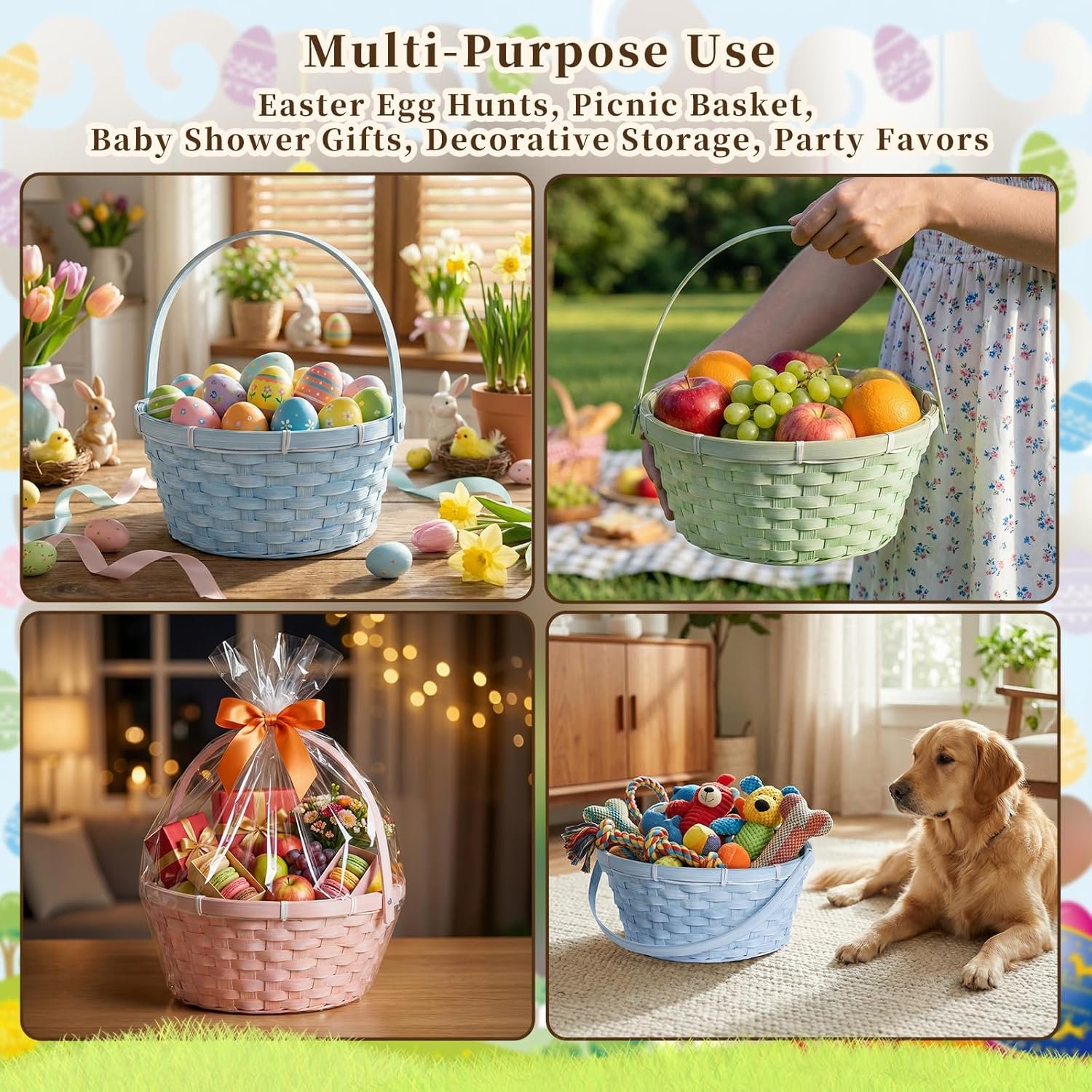 Lanpn Easter Baskets 3 Pcs Natural Bamboo Set with Easter Grass Fillers for Easter Egg Hunt Candy Picnic and Pastel Spring Decoration Woven Basket (Pink Blue Green) - Image 4