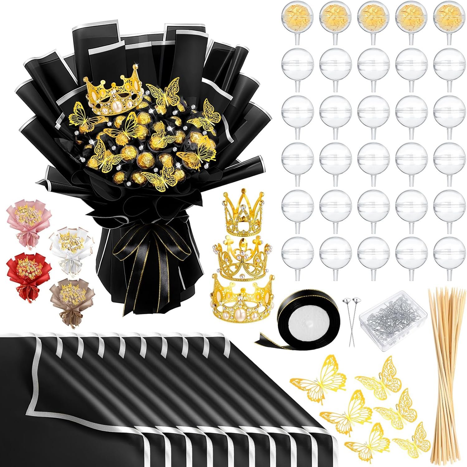 109 Graduation DIY Chocolate Flower Bouquet Kit 2026 Candy Rose Clear Acrylic Lollipop Ball Holder Floral Wrapping Paper 3D Gold Butterfly Crown Ribbon Grad Gift(Black and Silver)