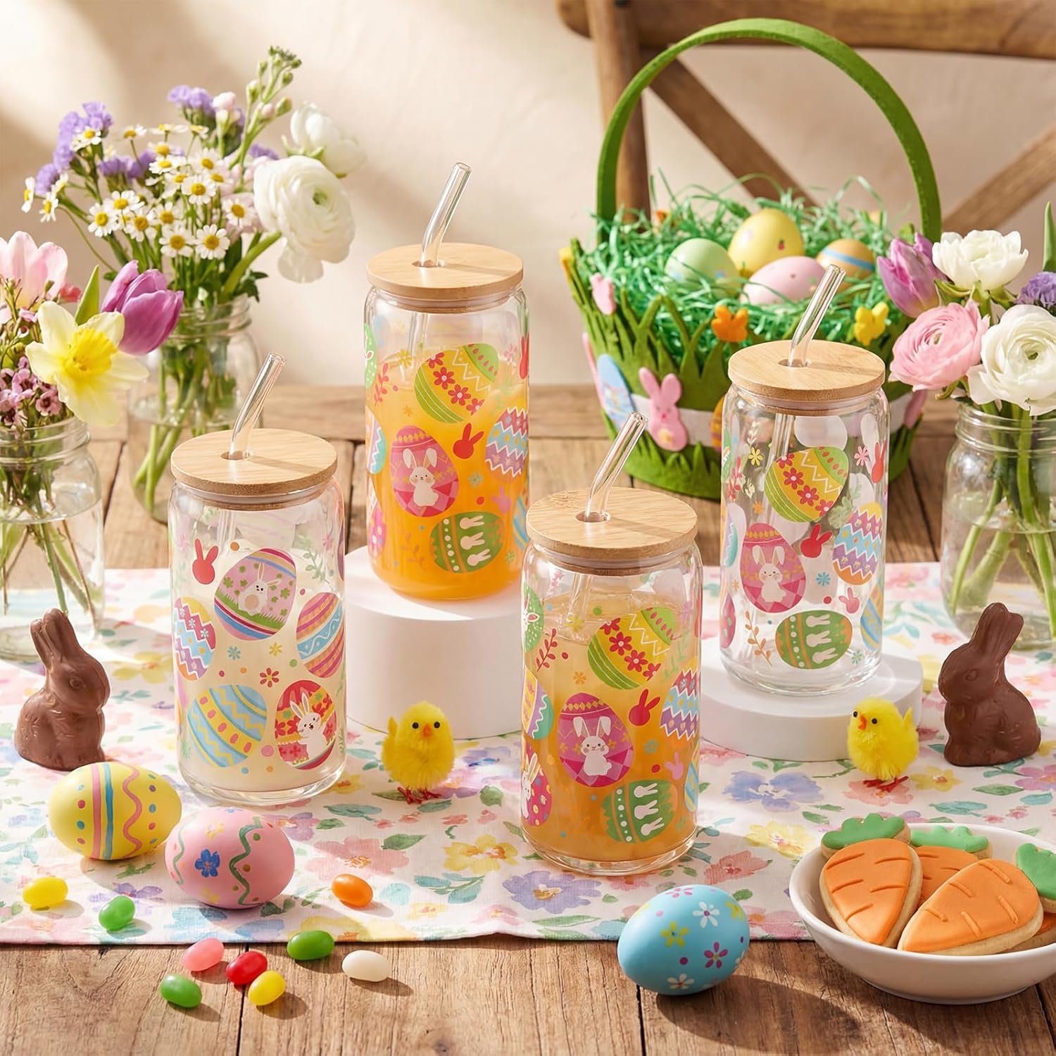 Yungyan 6 Pcs Easter Glass Cup with Lids and Straws, 16 oz Eggs Tumbler Easter Drinking Glasses Iced Coffee Cup Drinking Jars for Women Men Couple Lover Birthday Party Favor Gift - Image 3