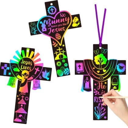 WATINC 60pcs Cross Scratch Cards, Resurrection Cross Magic Scratch Paper DIY Art Ornaments, Color Crafts Kit for Kids, Christian Religious Easter Sunday School Classroom Supplies Decorations