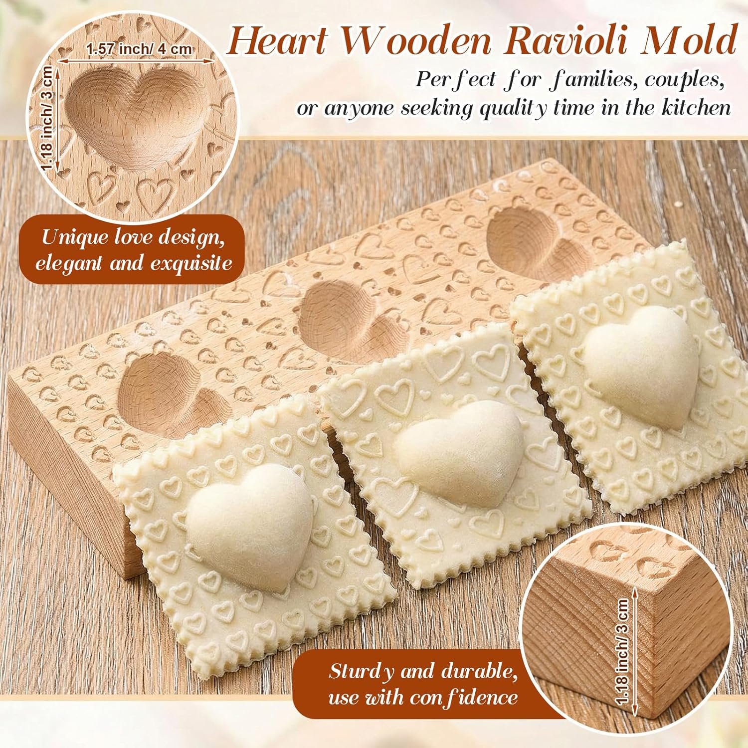 Valentine's Day Mold Heart Ravioli Mold Set Include Heart Ravioli Maker Press 2 Pasta Cutter Stamp Makers 1 Wood Rolling Pin Empanada Making Tool for Valentine's Day Kitchen Gift Homemade Cooking - Image 4