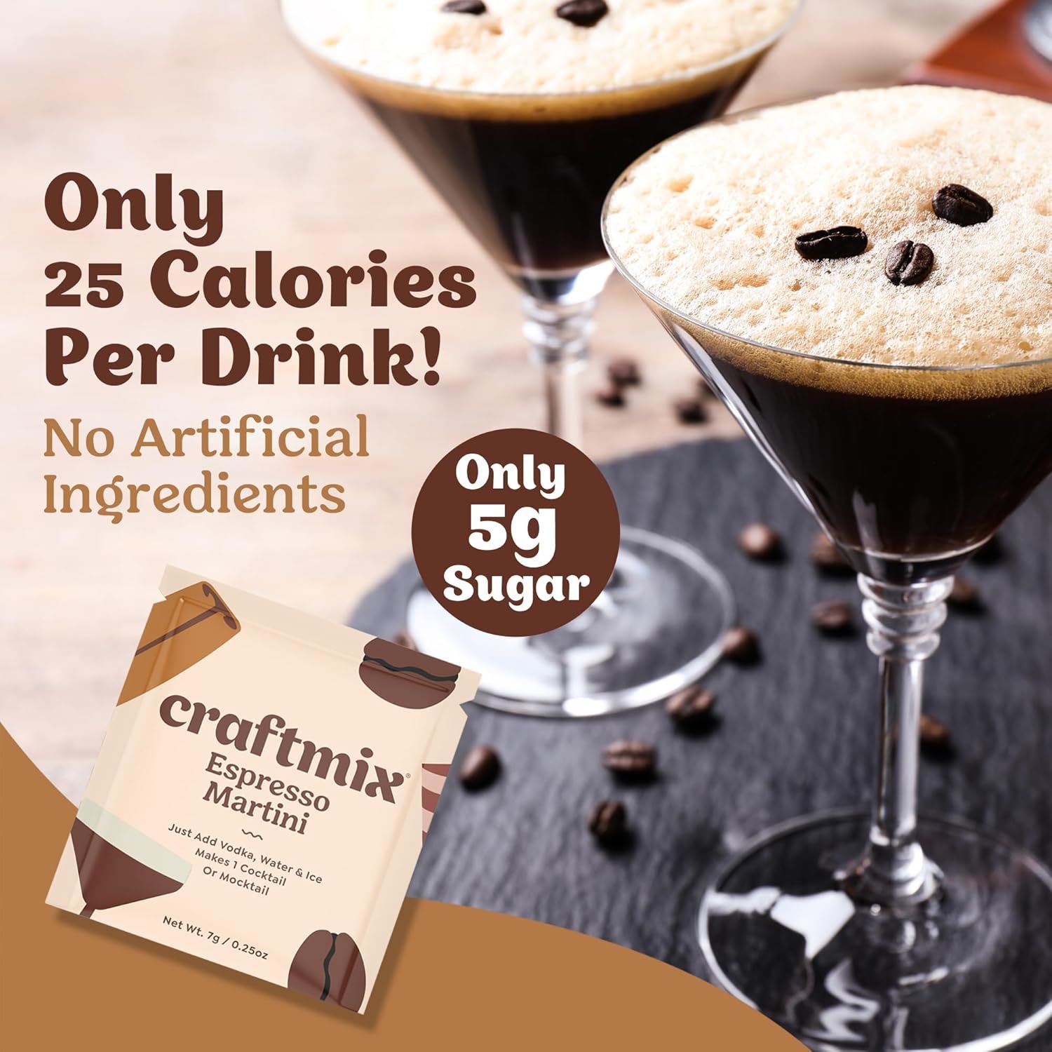 Craftmix Espresso Martini Cocktail & Mocktail Drink Mixer, Skinny Mixes - Water Flavoring Packets - Made With Real Coffee Beans - Vegan, Low-Carb, Low-Sugar, Non-GMO, Dairy Free, Gluten Free, 12 Pack - Image 4