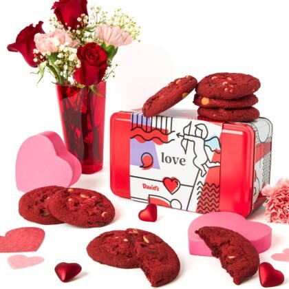 David’s Cookies Red Velvet Cookies Love Sweet Sampler Gift Tin - 8pcs Freshly Baked Melt In Your Mouth Red Velvet Cookies - Gourmet Food Gift For Her, Him and Kids