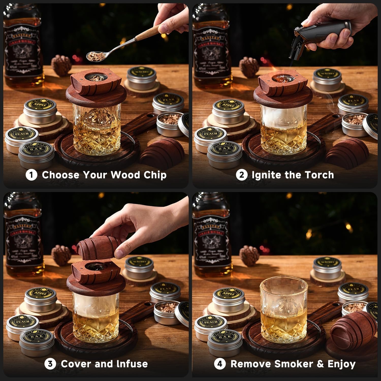 Whiskey Smoker Kit with Torch - 6 Flavors Wood Chips, 2 Glasses, 2 Ice Ball Molds - Cocktail Smoker Infuser Kit, Old Fashioned Drink Smoker Kit, Birthday Bourbon Whiskey Gifts for Men,Dad(NO Butane) - Image 7