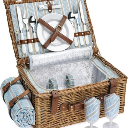 Picnic Basket Set for 2 Persons, Willow Hamper with Large Insulated Cooler Compartment, Waterproof Blanket and Cutlery Service Kit-Classical Brown
