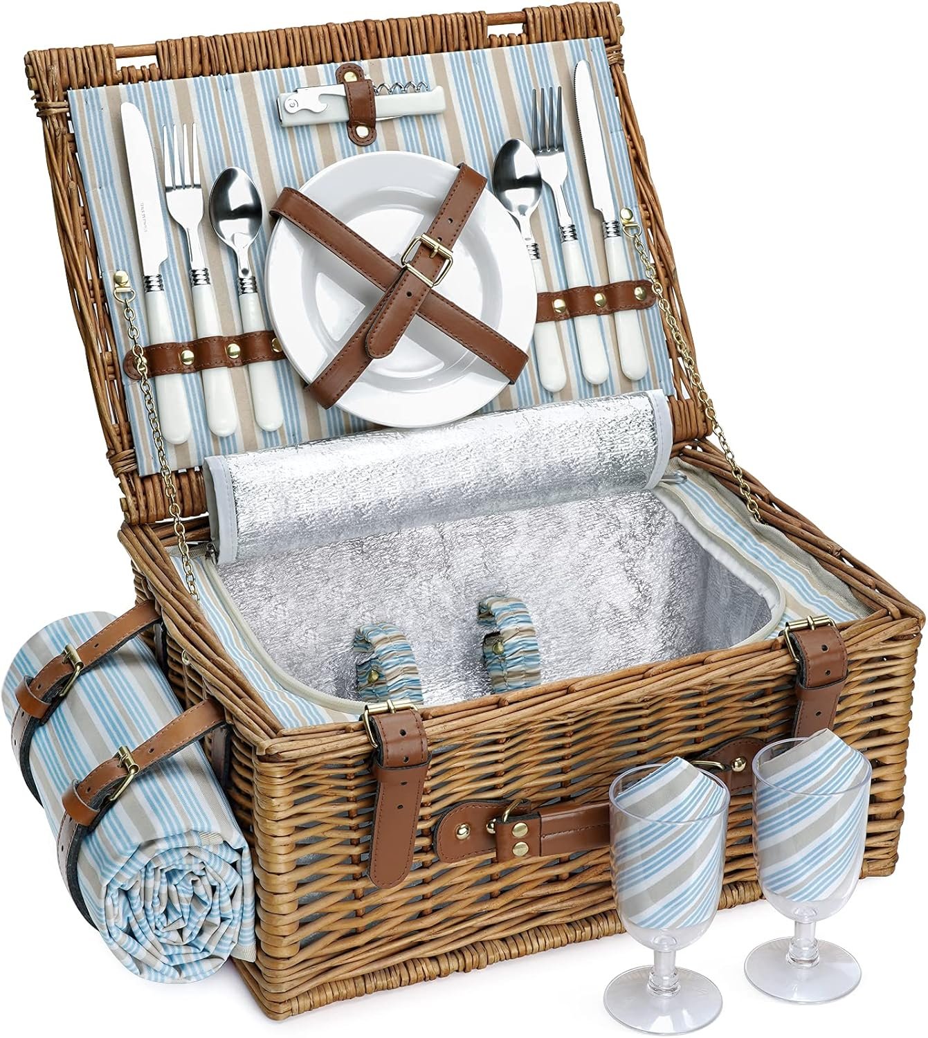 Picnic Basket Set for 2 Persons, Willow Hamper with Large Insulated Cooler Compartment, Waterproof Blanket and Cutlery Service Kit-Classical Brown