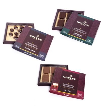 La-Goulue-Chocolatier Luxury Wine Infused Dark Chocolate Selection - Artisan Chocolates with Cabernet Sauvignon, Malbec and Champagne-Sparkling Wine Fillings, Gourmet Chocolate Boxes, 3 Pack Assortment, 207 g.