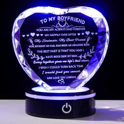 YWHL Gifts for Boyfriend with Colorful LED Base Unique Birthday Gift Ideas from Girlfriend Romantic Heart Crystal Keepsakes to My Anniversary Christmas Valentine Day Clear 4.33*3.74*.1.18