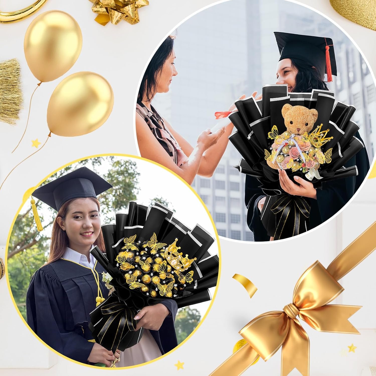 109 Graduation DIY Chocolate Flower Bouquet Kit 2026 Candy Rose Clear Acrylic Lollipop Ball Holder Floral Wrapping Paper 3D Gold Butterfly Crown Ribbon Grad Gift(Black and Silver) - Image 5