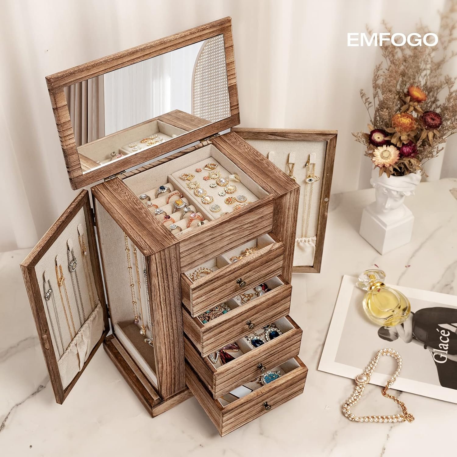 Emfogo Jewelry Box for Women, 5 Layer Large Wood Boxes & Organizers for Necklaces Earrings Rings Bracelets, Rustic Organizer with Drawers and Mirror(Carbonized Black) - Image 2