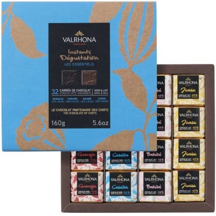 Valrhona Premium Assorted French Chocolate Gift Box - 32 Dark & Milk Chocolate Squares, Guanaja 70%, Caraibe 66%, Jivara 40% Bahibe 46%, Perfect Holiday Chocolate Gift For Her, Exquisite Collection