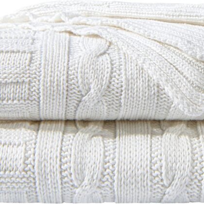 NTBAY 100% Pure Cotton Cable Knit Throw Blanket, Super Soft Warm 51x67 Knitted Throw Blanket for Couch, Sofa, Chair, Bed - Extra Cozy, Machine Washable, Comfortable Home Decor, White
