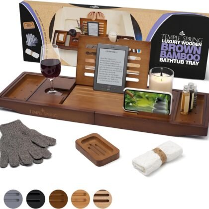 Temple Spring Wooden Bathtub Tray, Bamboo Bathroom Accessories, Bath Tray for Tub, at Home Spa Essentials, Board for Tub Table, Bath Caddy for Bathtub Accessories & Bathroom Essentials – Wood Brown