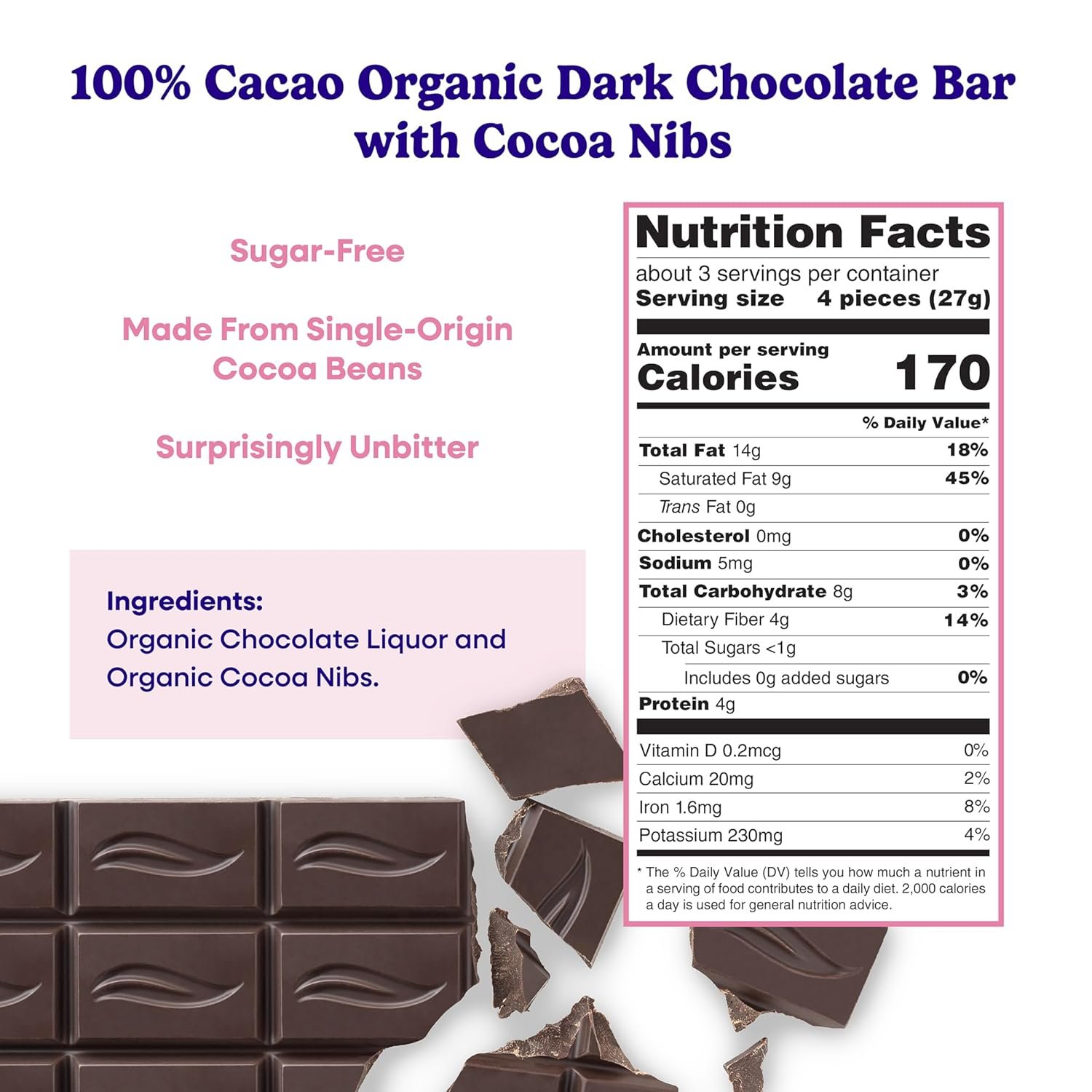 Pascha Organic No Added Sugar 100% Cacao With Cocoa Nibs Chocolate Bars, UTZ, Gluten Free, Non GMO, Pack of 5 - Image 2
