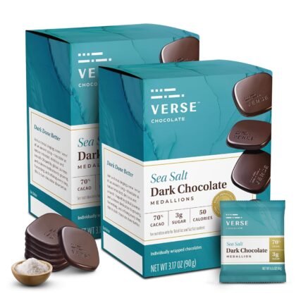 Verse Dark Chocolate Sea Salt Squares - Only 3g Cane Sugar - Creamy 70% Cocoa Dark Chocolate - Individually Wrapped Cacao Bar Squares (9 Count, 2 Pack)