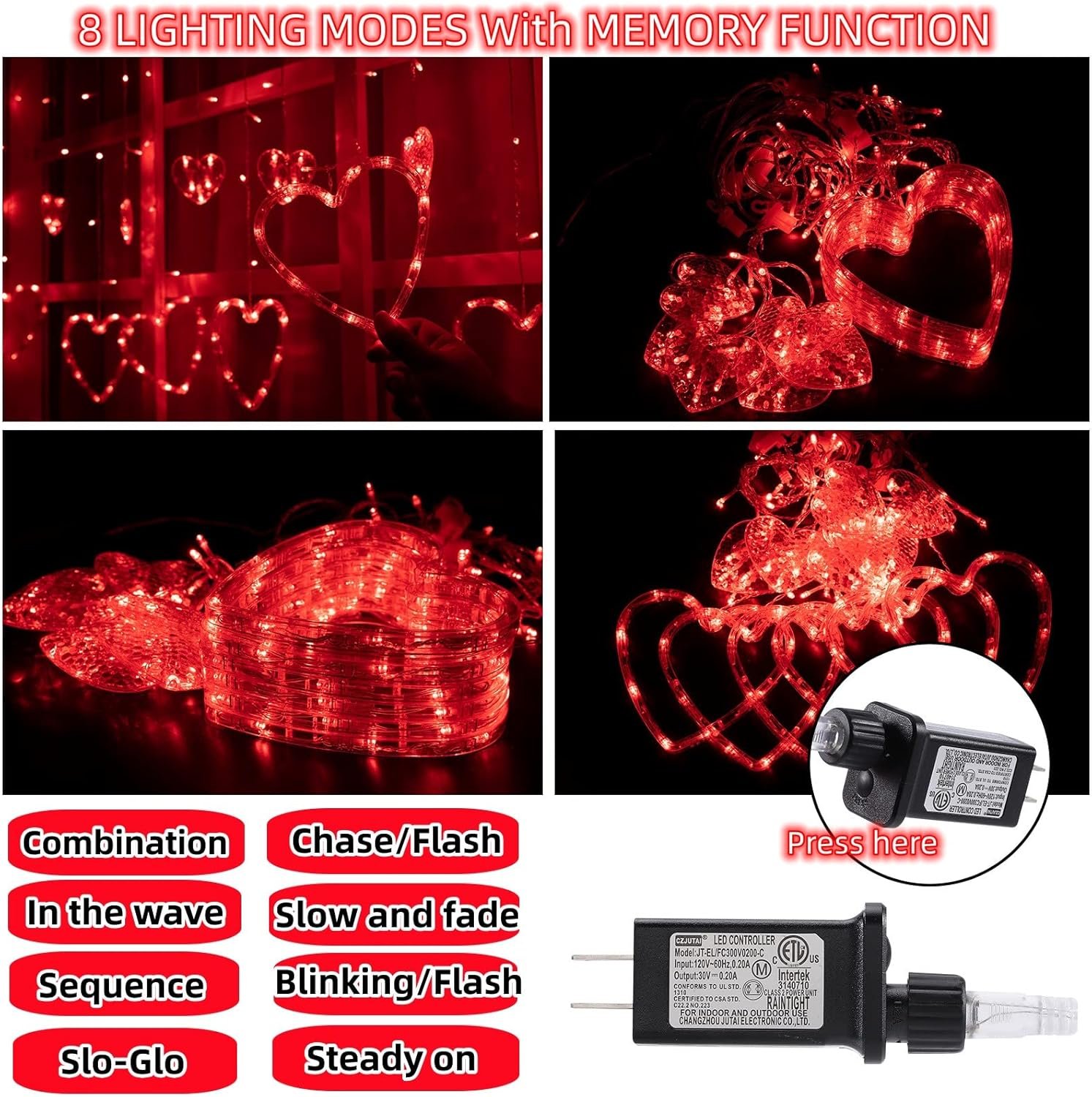 Valentines Day Decor Lights,138 LED 12-Heart-Shaped String Lights Waterproof,8 Modes Connetable 29V Plug in Curtain Lights for Kids Bedroom Wedding Party Valentines Day Decoration (Red) - Image 3