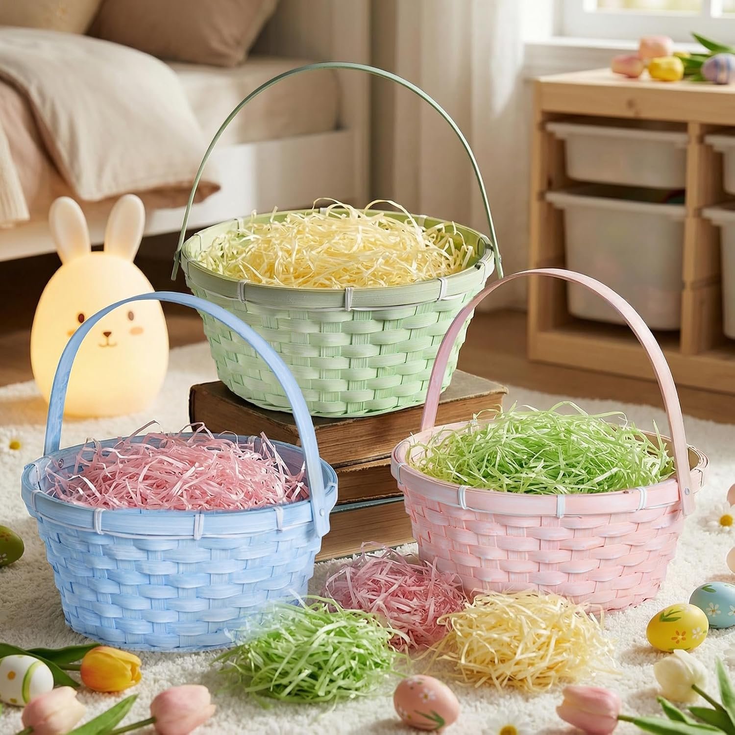 Lanpn Easter Baskets 3 Pcs Natural Bamboo Set with Easter Grass Fillers for Easter Egg Hunt Candy Picnic and Pastel Spring Decoration Woven Basket (Pink Blue Green)