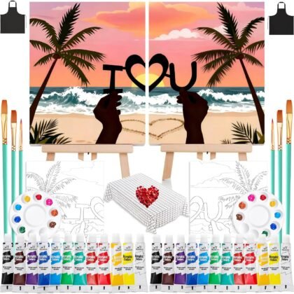 QUANWAISJ 2 Sets 10x12 Couples Painting Kit Date Night, Sip and Paint Kit for Adults with Pre-Drawn Canvas (Easels Included), Perfect for Date Night Painting and Sip Parties (Love)