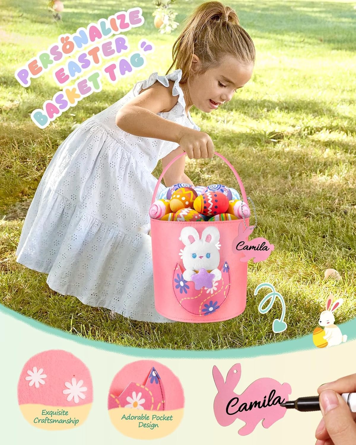 Swooflia Cute Bunny Easter Basket for Kids - Personalized Large Felt Bags Includes One Small Plush Doll My First Tote Bucket Name Tag Easter Egg Hunts, Gift for Girls Boys Toddler Baby - Image 3