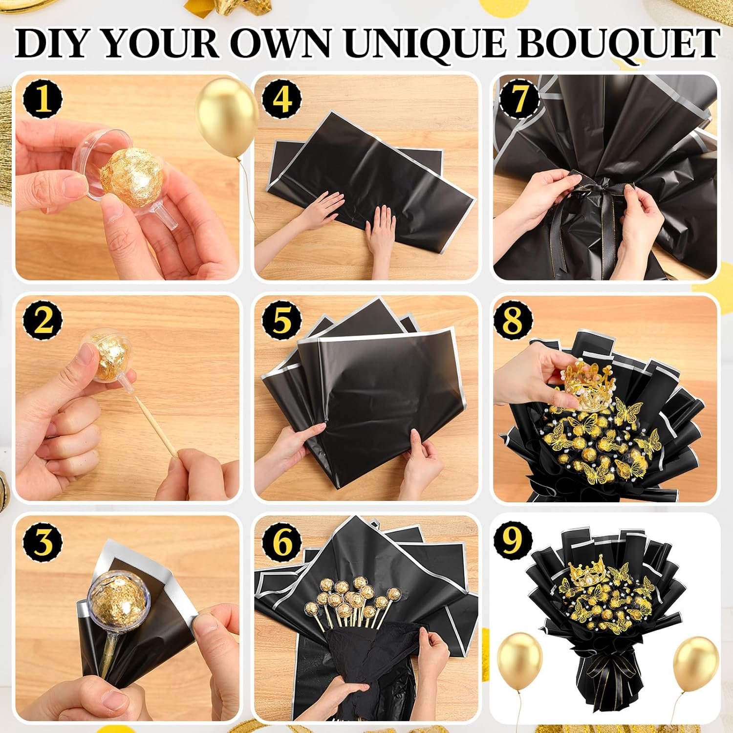 109 Graduation DIY Chocolate Flower Bouquet Kit 2026 Candy Rose Clear Acrylic Lollipop Ball Holder Floral Wrapping Paper 3D Gold Butterfly Crown Ribbon Grad Gift(Black and Silver) - Image 3