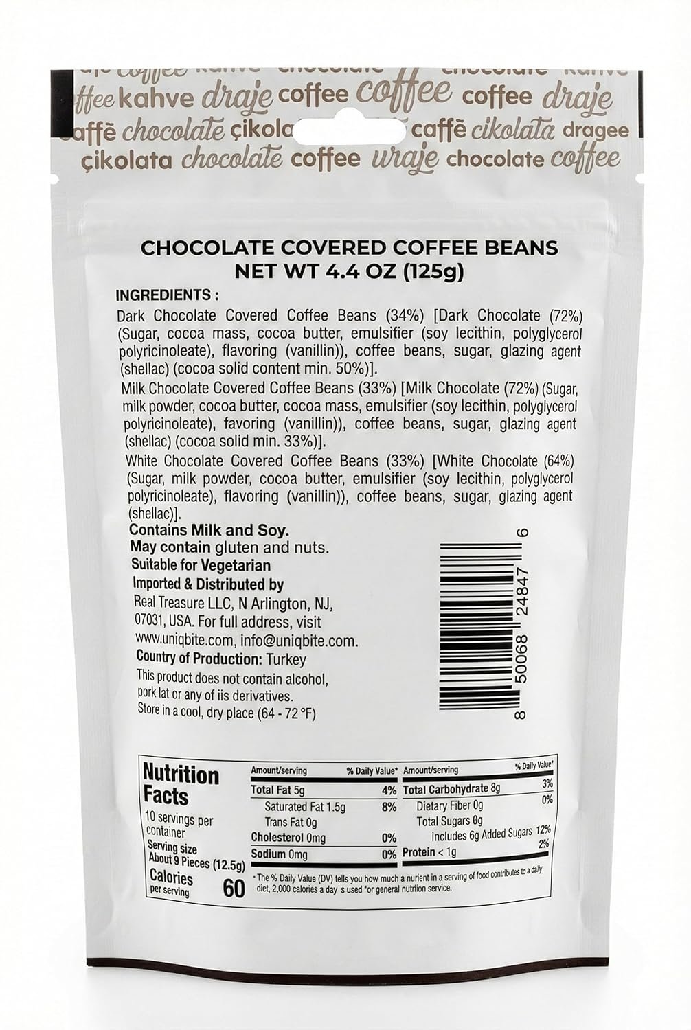 UNIQBITE Chocolate Covered Coffee Beans, 4.4 Oz, Mixed Chocolate Dragees with Whole Roasted Coffee, White-Dark-Milk Chocolates, Resealable Bag - Image 2
