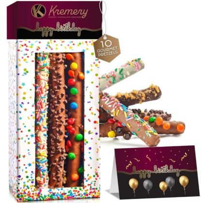 KREMERY Creamy Chocolate Cravings - Birthday Treats Chocolate Covered Pretzel Rods Gift Basket with Candied Toppings (10 Pretzels) Sweets Treats Arrangement in Confetti Tower + Greeting Card, Kosher