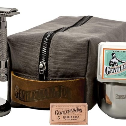 Gentleman Jon Deluxe Vintage Shaving Kit for Men - Men's Shaving Set Gifts, Compact Design, Includes Safety Razor and Brush Stand, Brush, Potassium Alum Block, Soap, Stainless Bowl, Stand & Dopp Kit