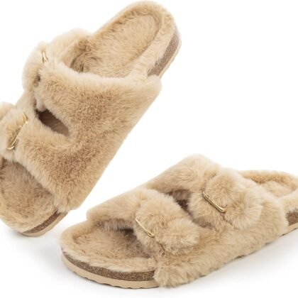 FITORY Womens Open Toe Slipper with Cozy Lining,Faux Rabbit Fur Cork Slide Sandals Size 6-11